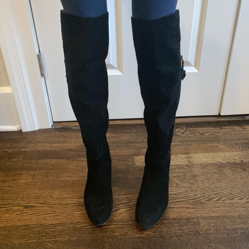 Stuart Weitzman “Elf” OTK boots in black suede.